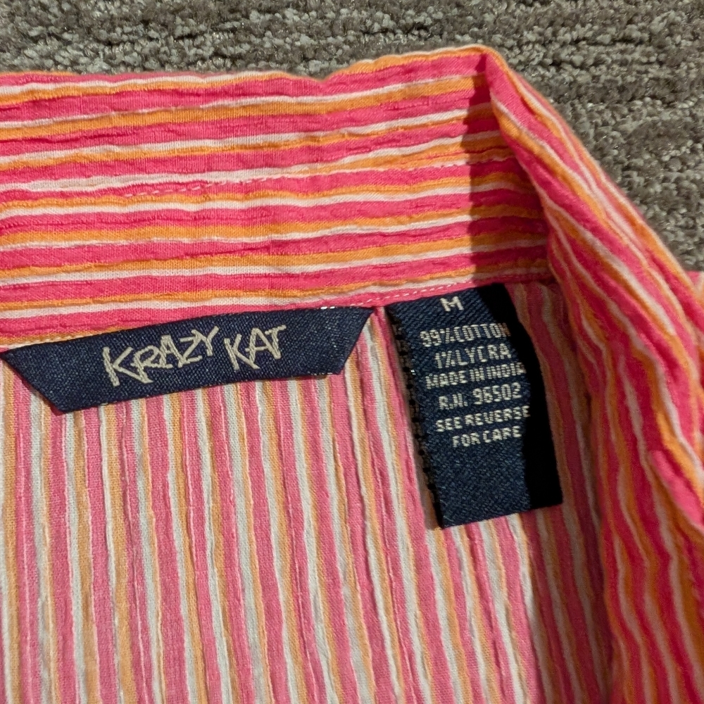 Krazy Kat Pink Orange White Striped Sleeveless Button-Up Shirt NWT - Medium - Picture 4 of 11